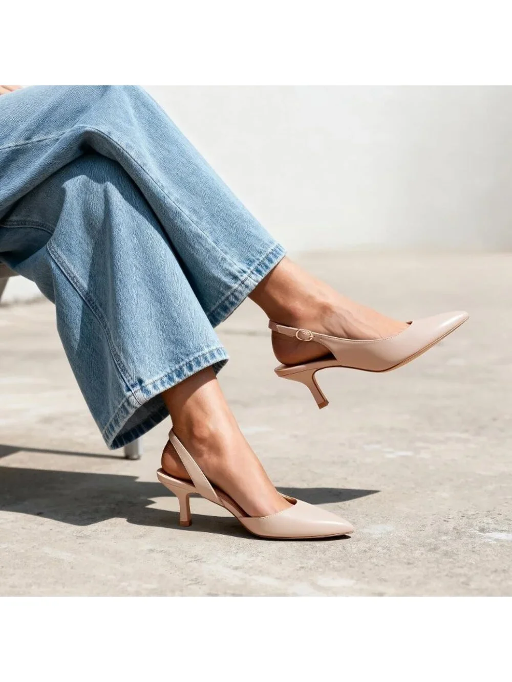Women's Beige Kitten Heel Slingback Closed Pointed Toe Low Casual Pumps Shoes